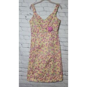 First Issue Liz Claiborne Floral Sheath Dress Pink Green Rosette Size 8 90's Y2K